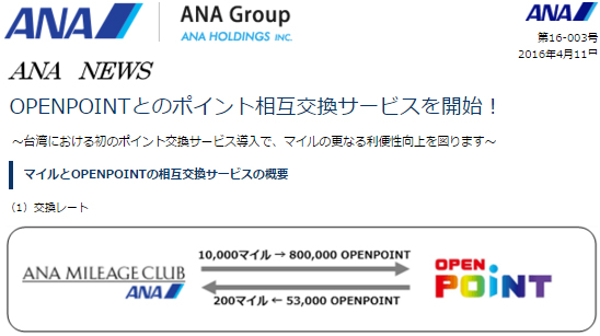 ANAは、OPENPOINTとのポイント相互交換サービスを発表！