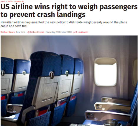 アメリカの航空会社は、搭乗前の乗客の体重を量る権利を獲得！