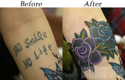 青と紫の薔薇のカバーアップタトゥー Lucky Round Tattoo