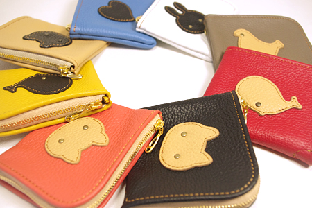 L字ファスナー：ミニ財布：ネコ、クジラ、ウサギ、トリ、ハート